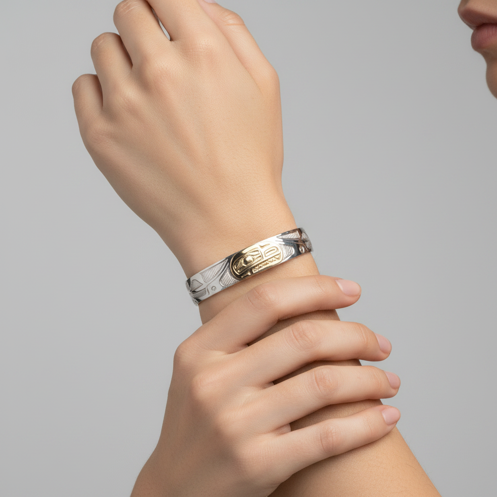 A silver-toned cuff bracelet with engraved geometric and animal-like patterns, featuring a polished gold-toned oval center plate with a stylized bird head motif.
