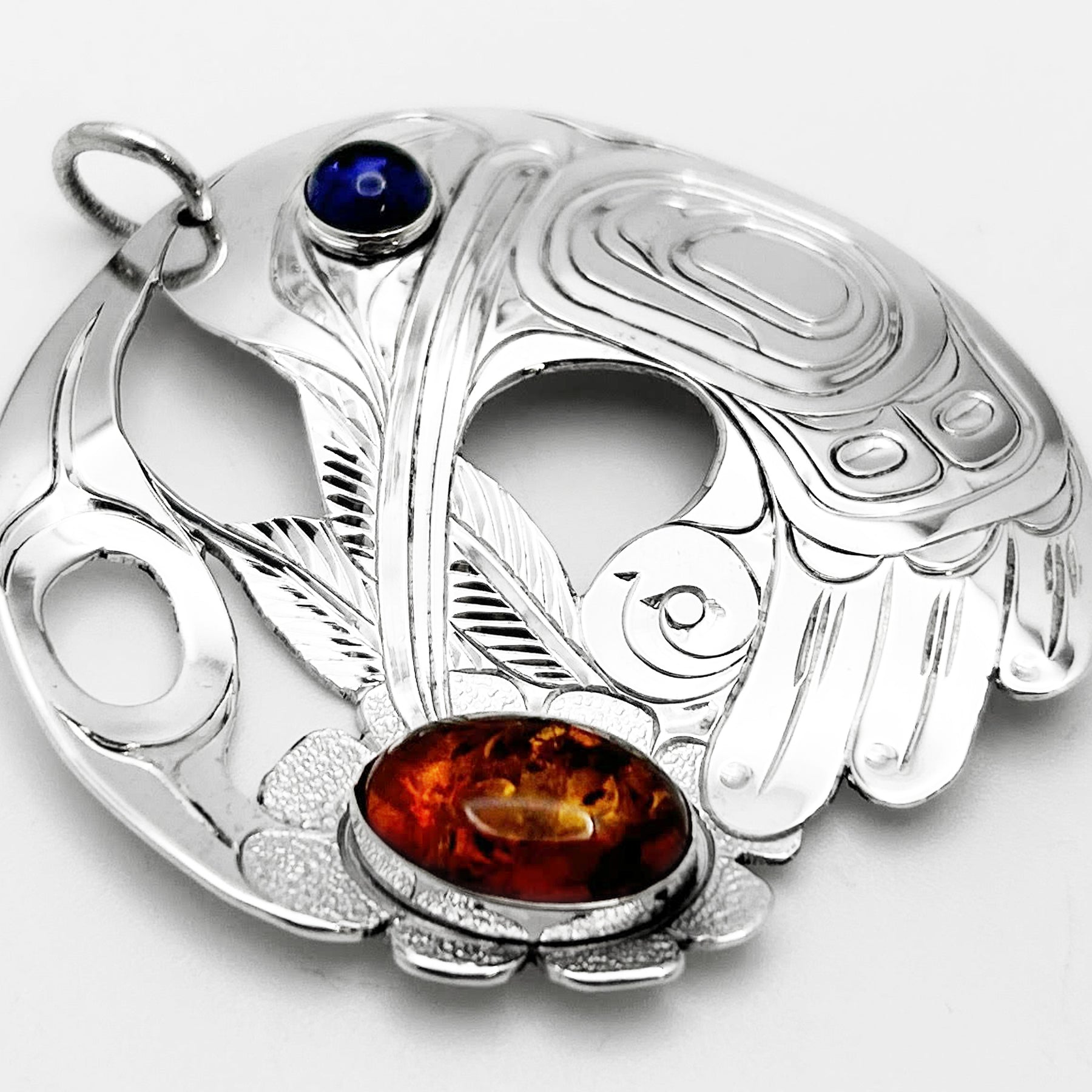 Hummingbird Pendant with Baltic Amber and Iolite
