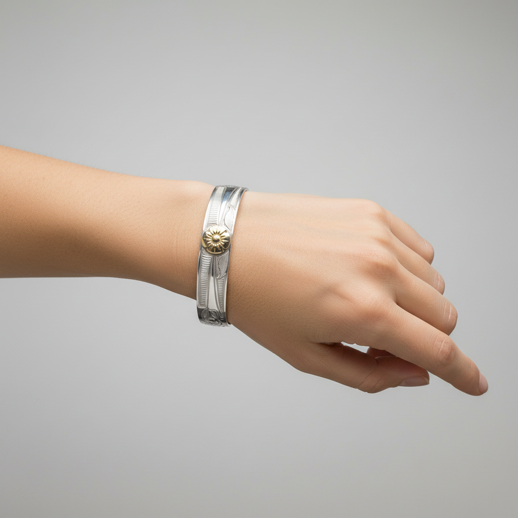 A 10mm width silver-toned cuff bracelet with engraved leaf and branch patterns and a central gold-toned sunburst flower detail, shown on a plain white background.
