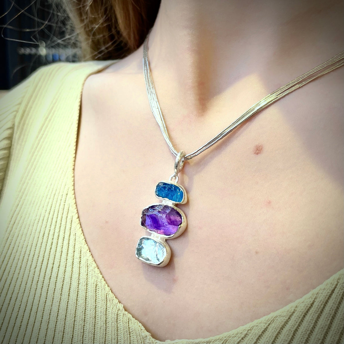 Aquamarine, Amethyst and Apatite Pendant