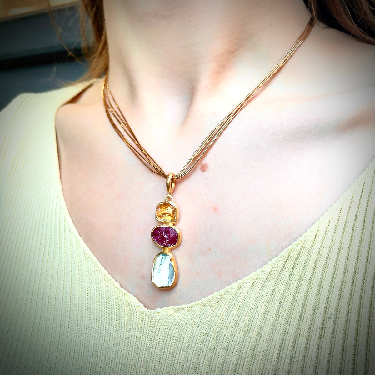 Aquamarine, Citrine and Ruby Pendant