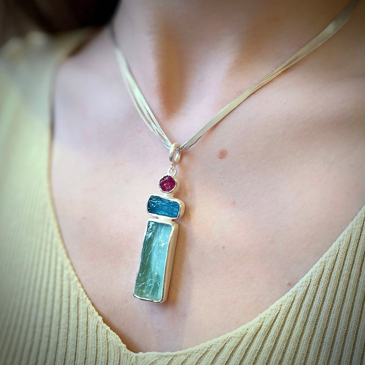 Aquamarine, Apatite and Ruby Pendant