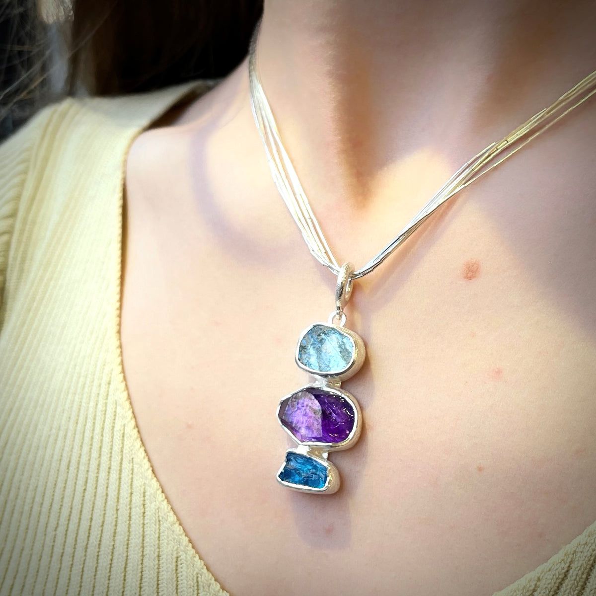 Aquamarine, Amethyst and Apatite Pendant