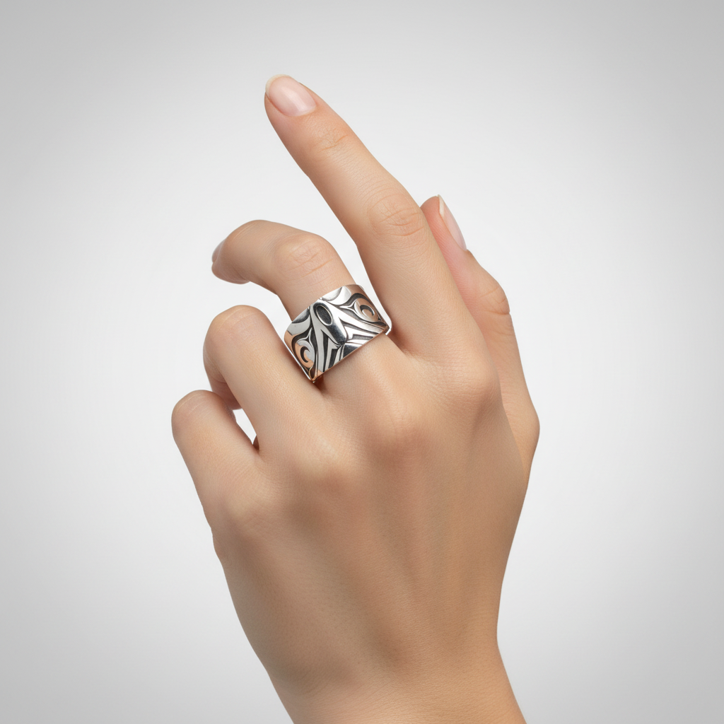 A sterling silver ring with a laser engraved design of an eagle, featuring a tapered band.