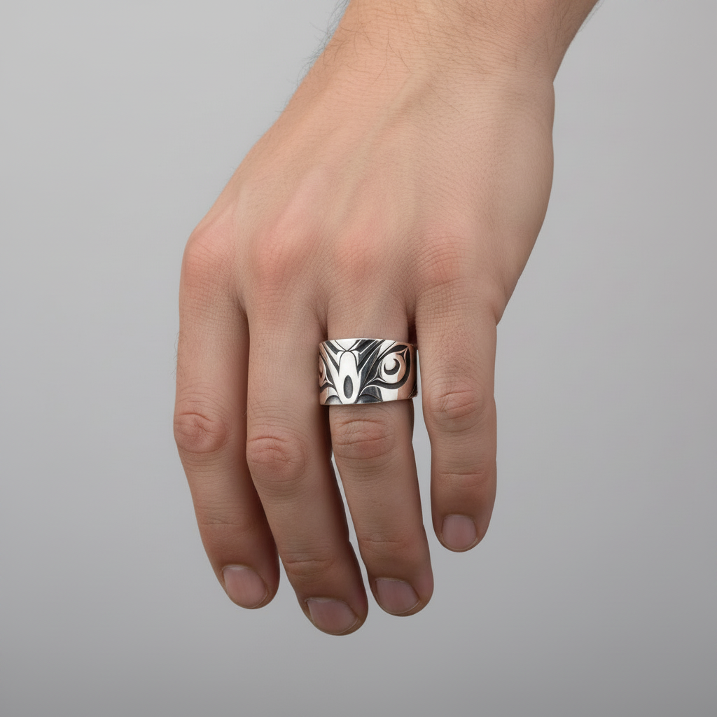 A sterling silver ring with a laser engraved design of an eagle, featuring a tapered band.