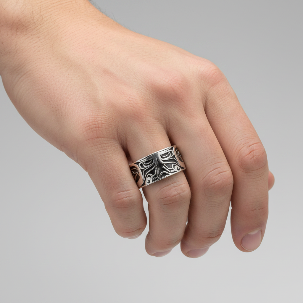 Silver ring with intricate black tribal design on a white background