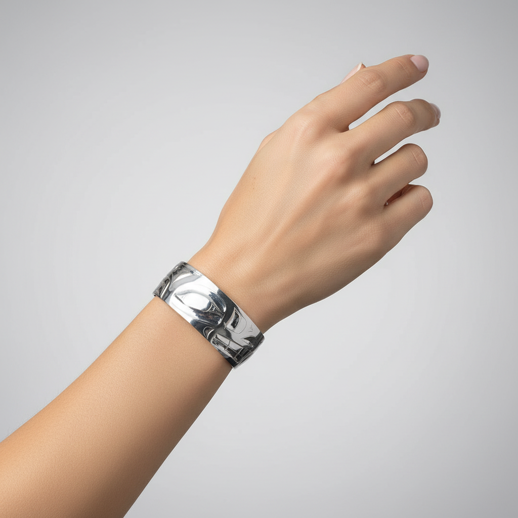 Silver bracelet with intricate designs on a white background