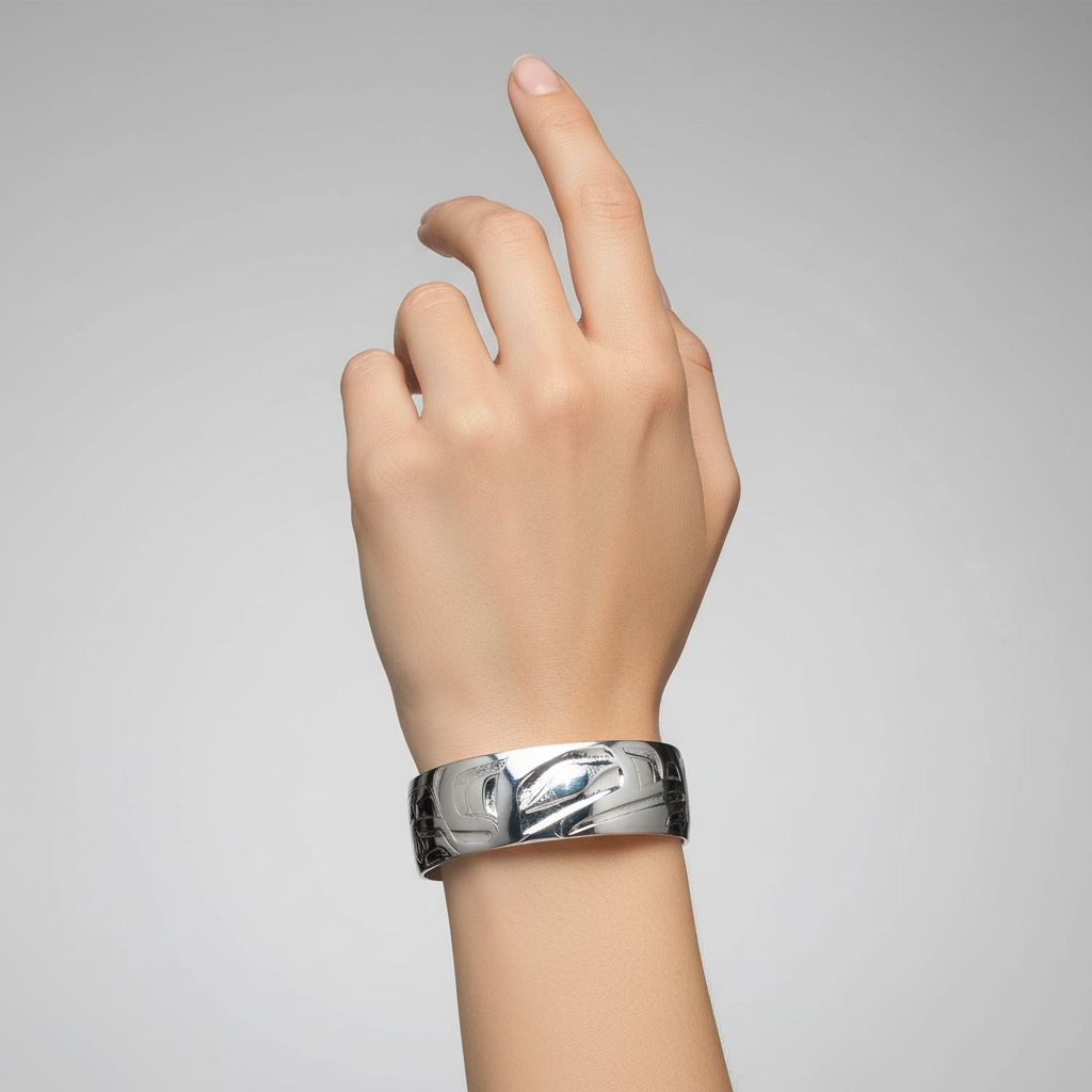 Silver bracelet with a detailed design on a white background