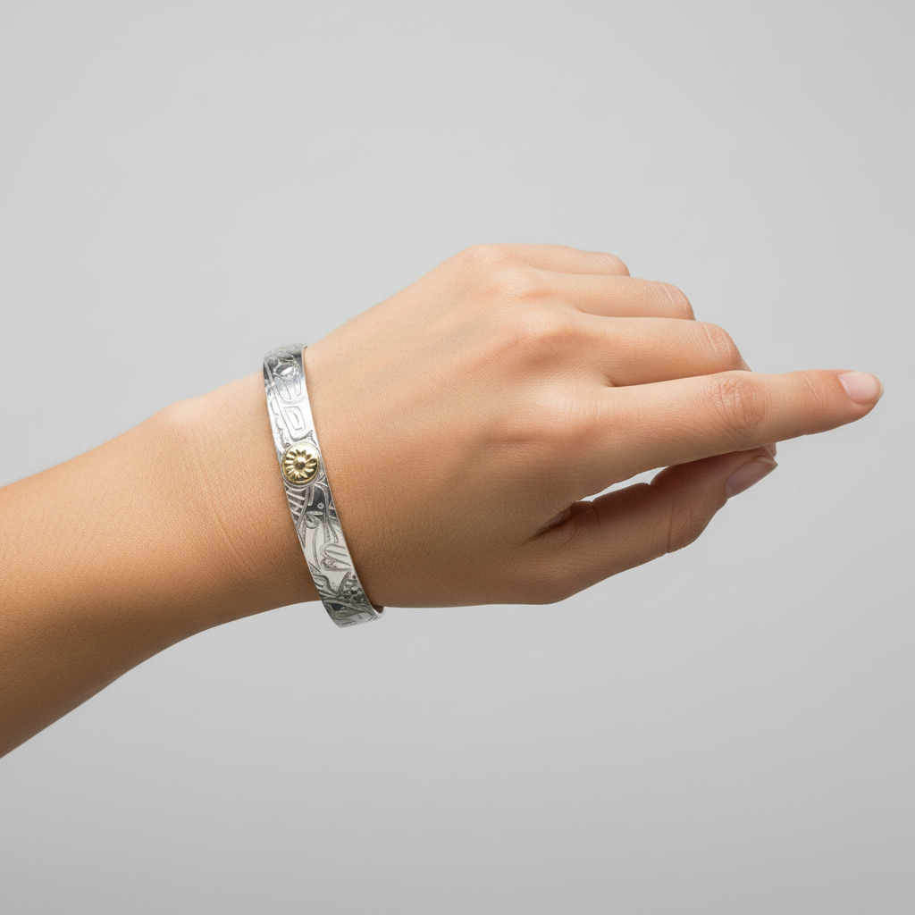 A 7mm width silver cuff bracelet with intricate engraved patterns and a central gold sunburst medallion, shown on a clean white background.