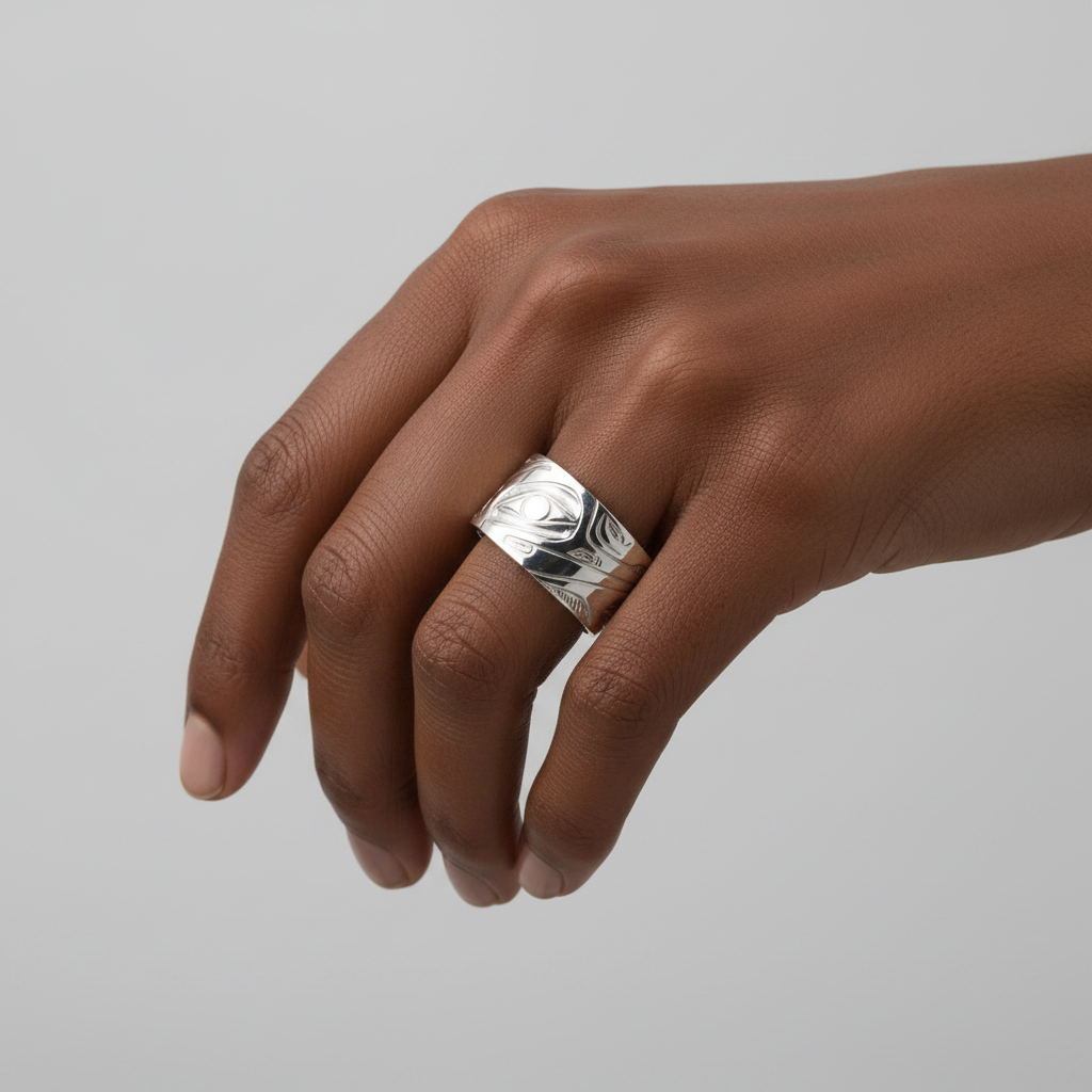 A wide silver band ring featuring hand-carved, abstract tribal-style patterns, shown on a clean white background.