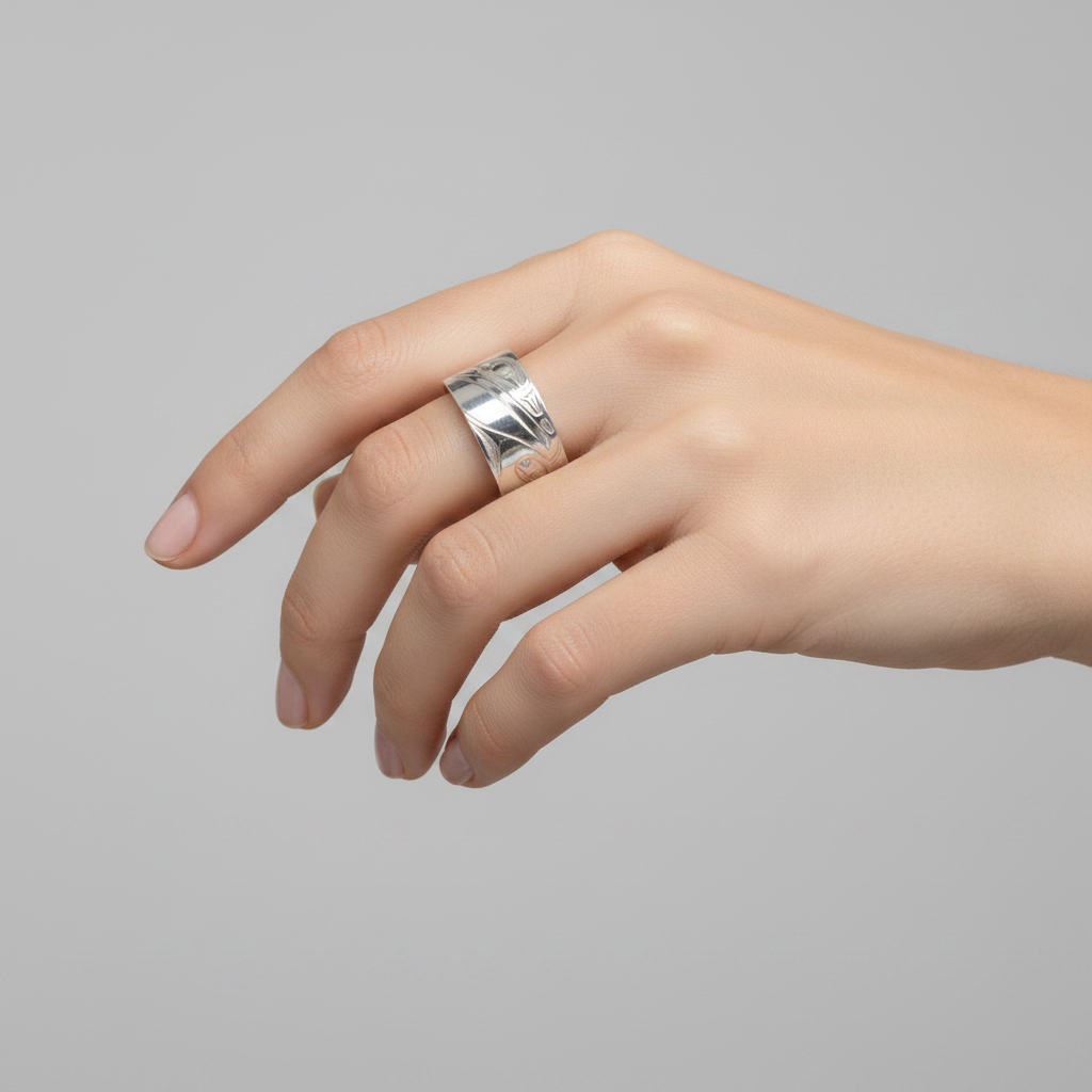 A wide silver band ring featuring a polished, engraved abstract design resembling a stylized bird or wave pattern, shown on a clean white background.