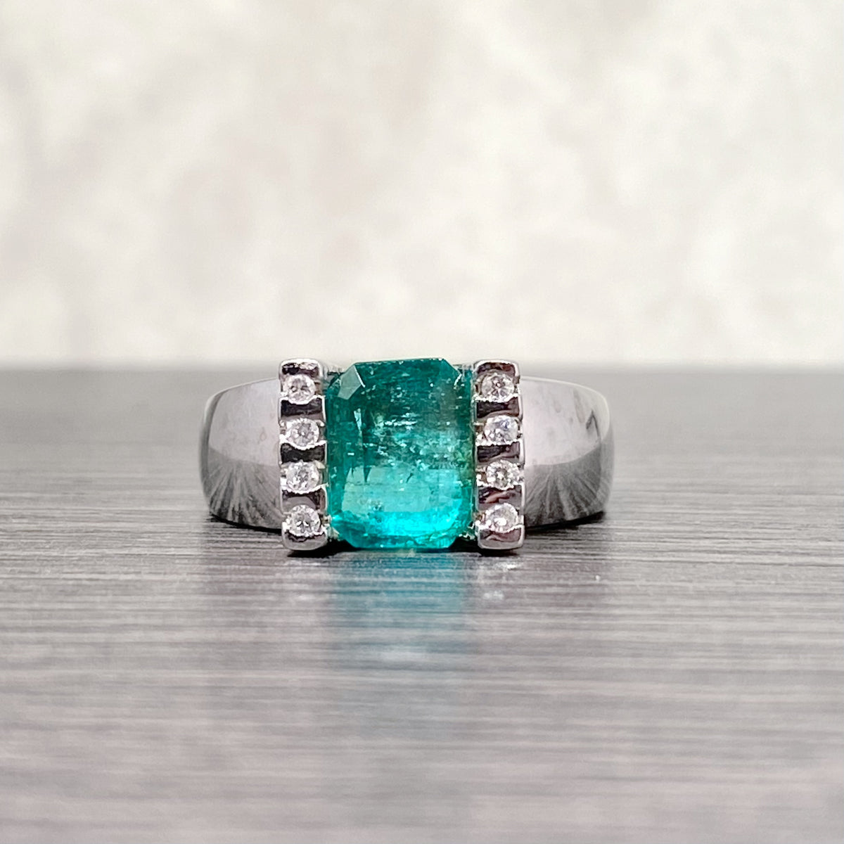 Emerald with Diamonds 14K White Gold Ring