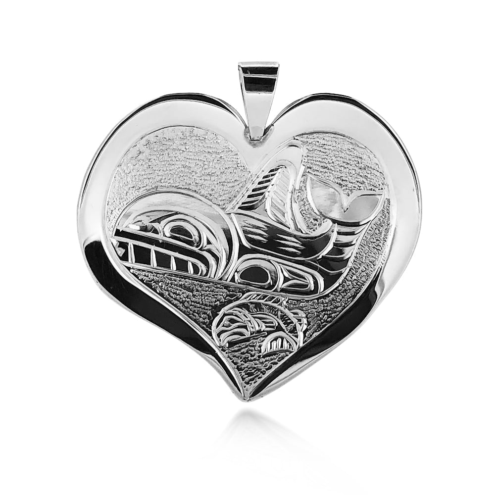 Killer Whale and Salmon Concave Heart Pendant